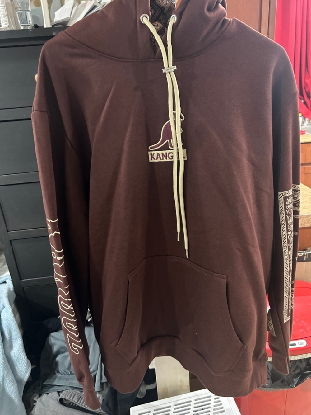 Kangol Men's Brown Crewneck Hoodie with Cream Drawstring